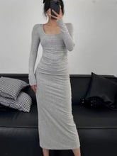 fashion outfits Autumn and Winter Korean Style Square Collar Long Sleeve Solid Color Mid-Length Dress High Waist Slimming Hip Skirt